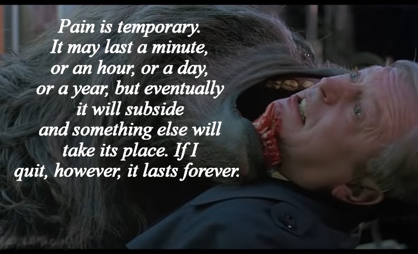 Pain is temporary. It may last a minute, or an hour, or a day, or a year, but eventually it will subside and something else will take its place. If I quit, however, it lasts forever. | image tagged in inspirational quote,american werewolf in london,horror,funny memes | made w/ Imgflip meme maker