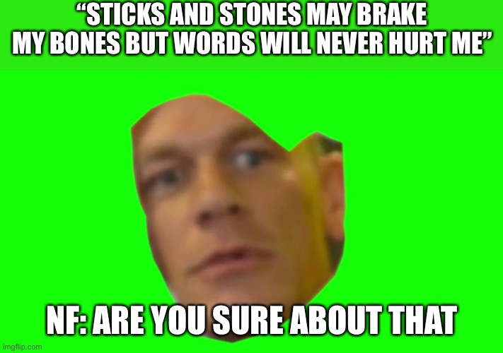 Are you sure about that? (Cena) | “STICKS AND STONES MAY BRAKE MY BONES BUT WORDS WILL NEVER HURT ME”; NF: ARE YOU SURE ABOUT THAT | image tagged in are you sure about that cena | made w/ Imgflip meme maker