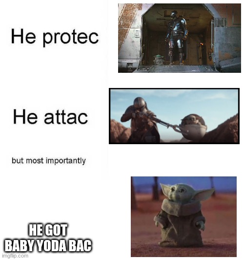 e | HE GOT BABY YODA BAC | image tagged in he protec he attac but most importantly,star wars yoda,trololol | made w/ Imgflip meme maker