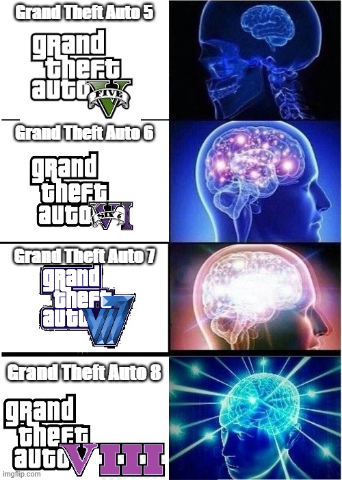 Expanding Brain Meme | Grand Theft Auto 5; Grand Theft Auto 6; Grand Theft Auto 7; Grand Theft Auto 8 | image tagged in memes,expanding brain,gta,gta v | made w/ Imgflip meme maker