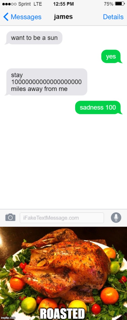 oof | ROASTED | image tagged in roasted turkey,texting | made w/ Imgflip meme maker