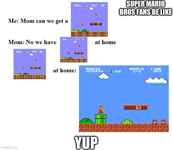 Mario Fans Be Like If They Already Have Super Mario Bros. | SUPER MARIO BROS FANS BE LIKE; YUP | image tagged in mom can we get x | made w/ Imgflip meme maker