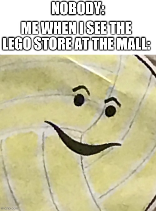LEGOS for life | NOBODY:; ME WHEN I SEE THE LEGO STORE AT THE MALL: | image tagged in smiling vollyball,lego,vollyball | made w/ Imgflip meme maker