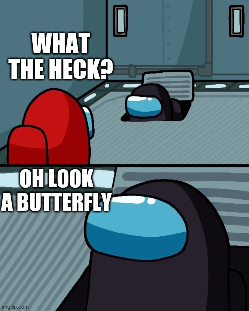 impostor of the vent | WHAT THE HECK? OH LOOK A BUTTERFLY | image tagged in impostor of the vent | made w/ Imgflip meme maker