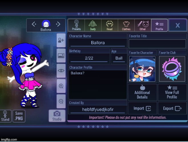 I turned the default boy into ballora (don't mind the birthday and age) | image tagged in gacha life | made w/ Imgflip meme maker
