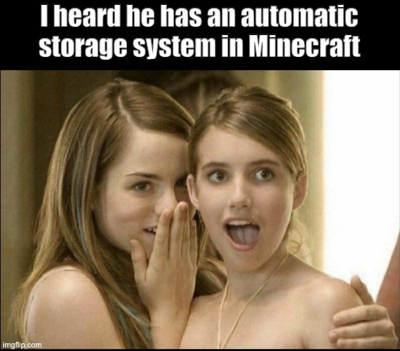 Girls whispering | I heard he has an automatic storage system in Minecraft | image tagged in girls whispering,PewdiepieSubmissions | made w/ Imgflip meme maker