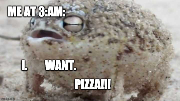 Da Screamin froggeh | ME AT 3:AM:; PIZZA!!! I.        WANT. | image tagged in screaming rain frog | made w/ Imgflip meme maker
