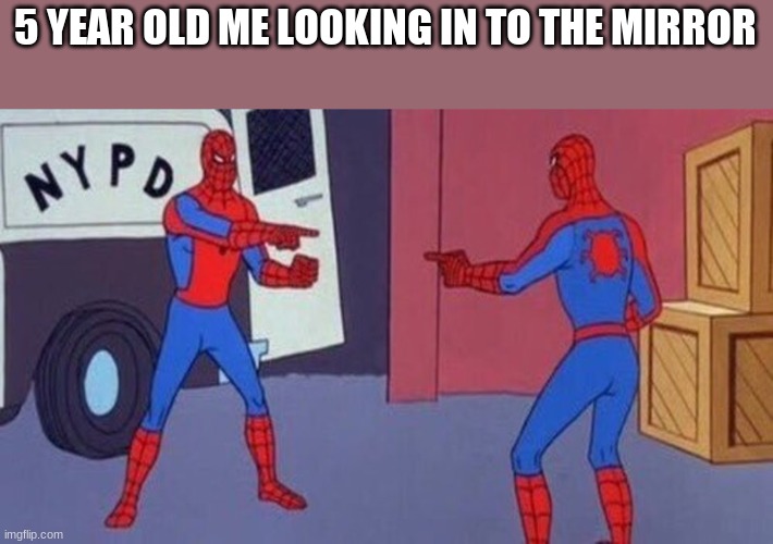 spiderman pointing at spiderman | 5 YEAR OLD ME LOOKING IN TO THE MIRROR | image tagged in spiderman pointing at spiderman | made w/ Imgflip meme maker