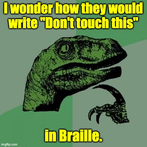 Braille | I wonder how they would write "Don't touch this" in Braille. | image tagged in memes,philosoraptor | made w/ Imgflip meme maker