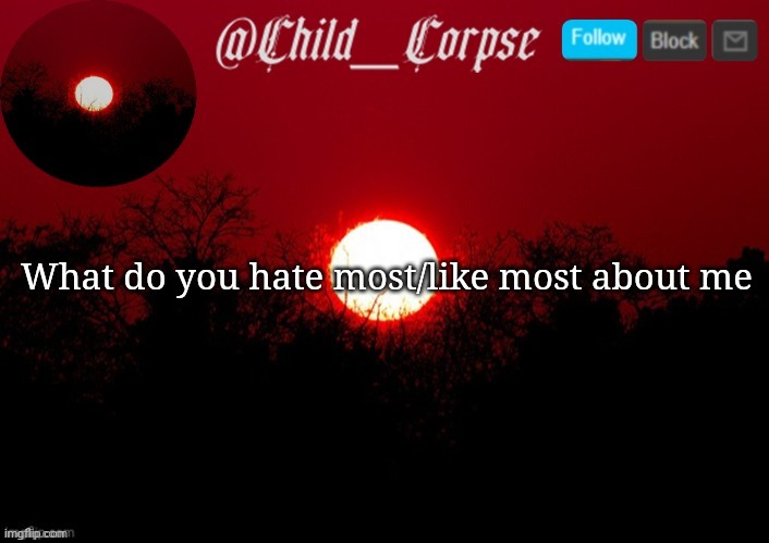 Child_Corpse announcement template | What do you hate most/like most about me | image tagged in child_corpse announcement template | made w/ Imgflip meme maker