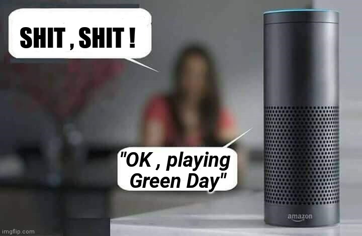 More , not so , Awesome Music | SHIT , SHIT ! "OK , playing
 Green Day" | image tagged in alexa do x,green day,sucks,blows,tone deaf,idiots | made w/ Imgflip meme maker