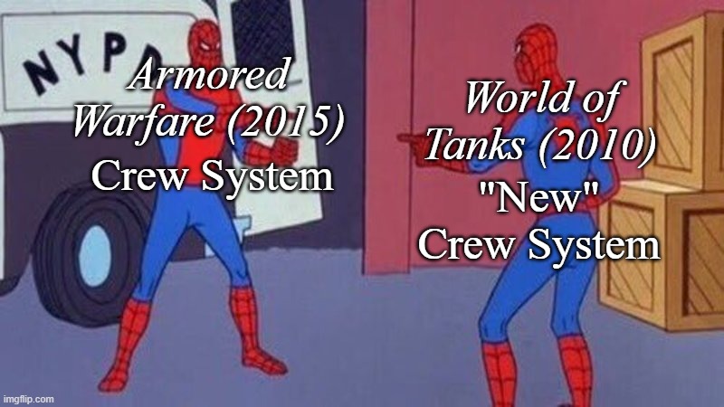 Crew 2.0 | Armored Warfare (2015); World of Tanks (2010); Crew System; "New" Crew System | image tagged in spiderman pointing at spiderman,world of tanks,armored warfare,pc gaming | made w/ Imgflip meme maker