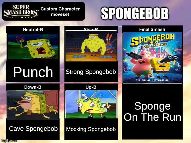 Spongebob Smash Bros Moveset | SPONGEBOB; Punch; Strong Spongebob; Sponge On The Run; Cave Spongebob; Mocking Spongebob | image tagged in smash ultimate custom moveset,spongebob | made w/ Imgflip meme maker