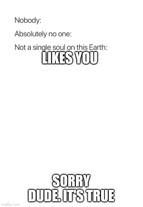 Nobody:, Absolutely no one: | LIKES YOU SORRY DUDE. IT'S TRUE | image tagged in nobody absolutely no one | made w/ Imgflip meme maker