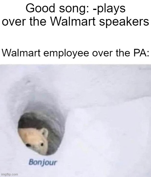 Bonjour | Good song: -plays over the Walmart speakers; Walmart employee over the PA: | image tagged in bonjour | made w/ Imgflip meme maker