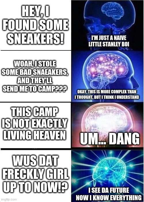 Expanding Brain | HEY, I FOUND SOME SNEAKERS! I'M JUST A NAIVE LITTLE STANLEY BOI; WOAH, I STOLE SOME BAD SNAEAKERS, AND THEY'LL SEND ME TO CAMP??? OKAY, THIS IS MORE COMPLEX THAN I THOUGHT, BUT I THINK I UNDERSTAND; THIS CAMP IS NOT EXACTLY LIVING HEAVEN; UM... DANG; WUS DAT FRECKLY GIRL UP TO NOW!? I SEE DA FUTURE NOW I KNOW EVERYTHING | image tagged in memes,expanding brain | made w/ Imgflip meme maker