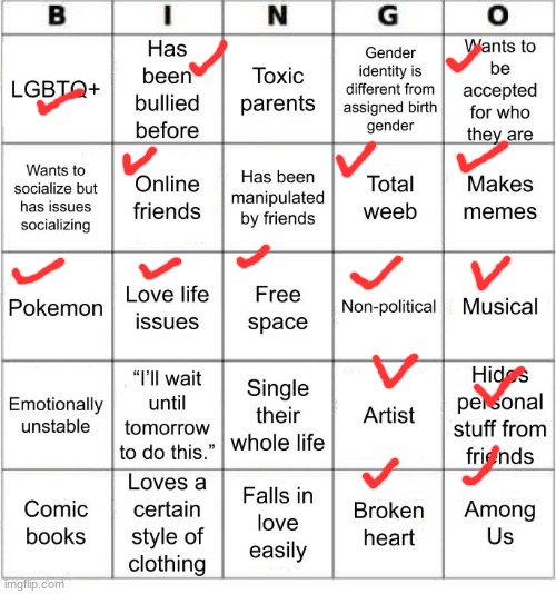 Im a bisexual furry wreck ;-; | image tagged in jer-sama's bingo | made w/ Imgflip meme maker