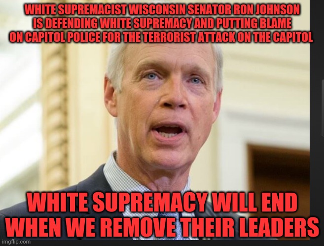 Senator Ron Johnson | WHITE SUPREMACIST WISCONSIN SENATOR RON JOHNSON IS DEFENDING WHITE SUPREMACY AND PUTTING BLAME ON CAPITOL POLICE FOR THE TERRORIST ATTACK ON THE CAPITOL; WHITE SUPREMACY WILL END WHEN WE REMOVE THEIR LEADERS | image tagged in senator ron johnson | made w/ Imgflip meme maker