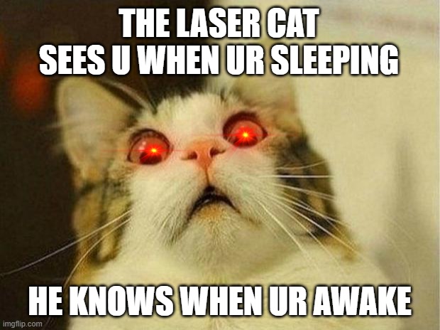 Scared Cat | THE LASER CAT SEES U WHEN UR SLEEPING; HE KNOWS WHEN UR AWAKE | image tagged in memes,scared cat | made w/ Imgflip meme maker