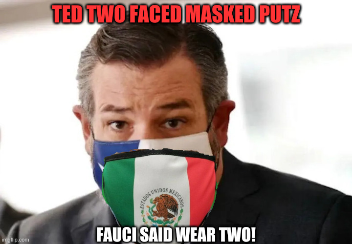 Ted two faced masked putz | TED TWO FACED MASKED PUTZ; FAUCI SAID WEAR TWO! | image tagged in ted cruz | made w/ Imgflip meme maker