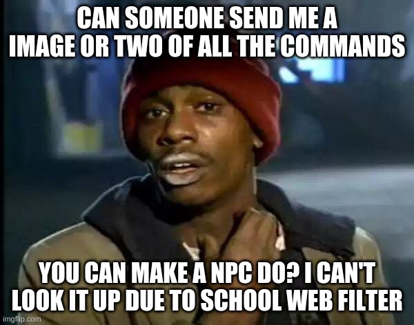 plz? | CAN SOMEONE SEND ME A IMAGE OR TWO OF ALL THE COMMANDS; YOU CAN MAKE A NPC DO? I CAN'T LOOK IT UP DUE TO SCHOOL WEB FILTER | image tagged in memes,y'all got any more of that | made w/ Imgflip meme maker