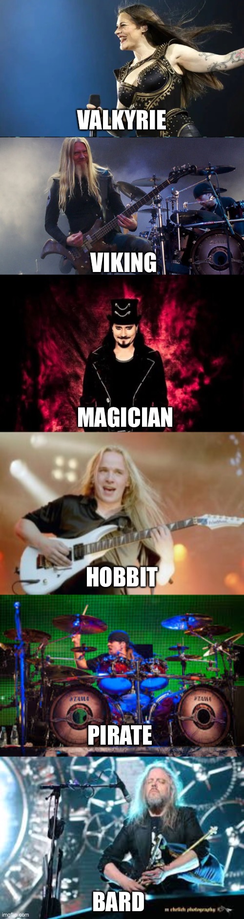 Is this an RPG character selection? No, it’s Nightwish | VALKYRIE; VIKING; MAGICIAN; HOBBIT; PIRATE; BARD | image tagged in nightwish,memes,metal | made w/ Imgflip meme maker