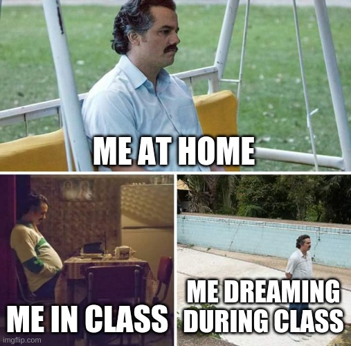 Sad Pablo Escobar Meme | ME AT HOME; ME IN CLASS; ME DREAMING DURING CLASS | image tagged in memes,sad pablo escobar | made w/ Imgflip meme maker