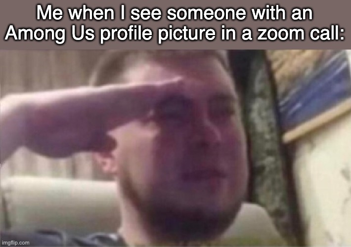 Among us gamers, I salute you | Me when I see someone with an Among Us profile picture in a zoom call: | image tagged in crying salute,zoom,among us | made w/ Imgflip meme maker