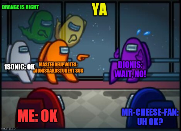 Master0fUpv0tes and DionisSakoStudent Be Like | ORANGE IS RIGHT; YA; MASTER0FUPV0TES: DIONISSAKOSTUDENT SUS; 1SONIC: OK; DIONIS: WAIT, NO! ME: OK; MR-CHEESE-FAN: UH OK? | image tagged in among us blame | made w/ Imgflip meme maker