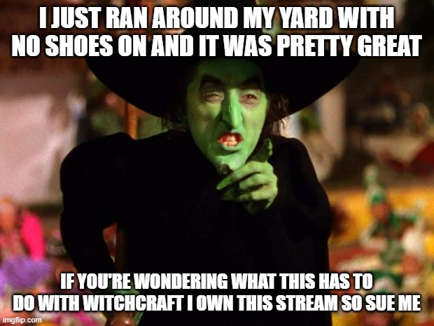 wicked witch  | I JUST RAN AROUND MY YARD WITH NO SHOES ON AND IT WAS PRETTY GREAT; IF YOU'RE WONDERING WHAT THIS HAS TO DO WITH WITCHCRAFT I OWN THIS STREAM SO SUE ME | image tagged in wicked witch | made w/ Imgflip meme maker