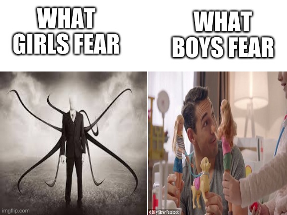 a girl vs boy meme | WHAT BOYS FEAR; WHAT GIRLS FEAR | image tagged in fear | made w/ Imgflip meme maker