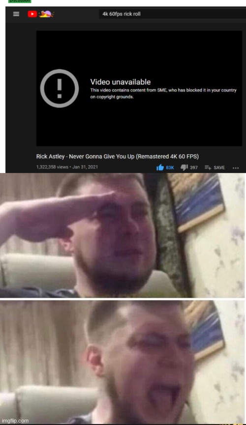 NOOOOOOOOOOOOO | image tagged in crying salute,the let us down,they gave us up | made w/ Imgflip meme maker