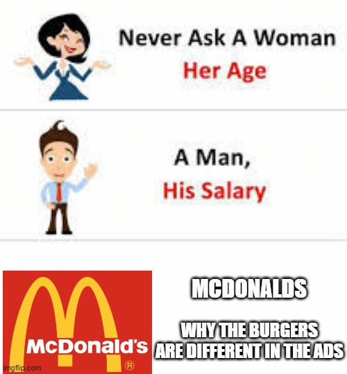 free epic maple taffy | MCDONALDS; WHY THE BURGERS ARE DIFFERENT IN THE ADS | image tagged in never ask a woman her age | made w/ Imgflip meme maker