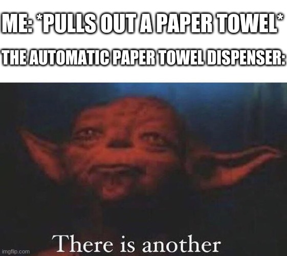 *Whirring Noises* |  ME: *PULLS OUT A PAPER TOWEL*; THE AUTOMATIC PAPER TOWEL DISPENSER: | image tagged in there is another,paper towels | made w/ Imgflip meme maker