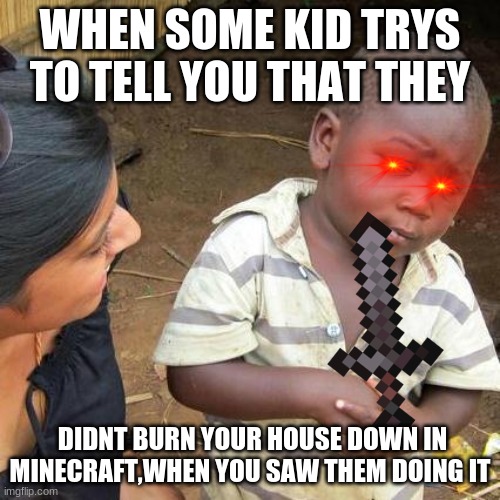 Third World Skeptical Kid Meme | WHEN SOME KID TRYS TO TELL YOU THAT THEY; DIDNT BURN YOUR HOUSE DOWN IN MINECRAFT,WHEN YOU SAW THEM DOING IT | image tagged in memes,third world skeptical kid | made w/ Imgflip meme maker