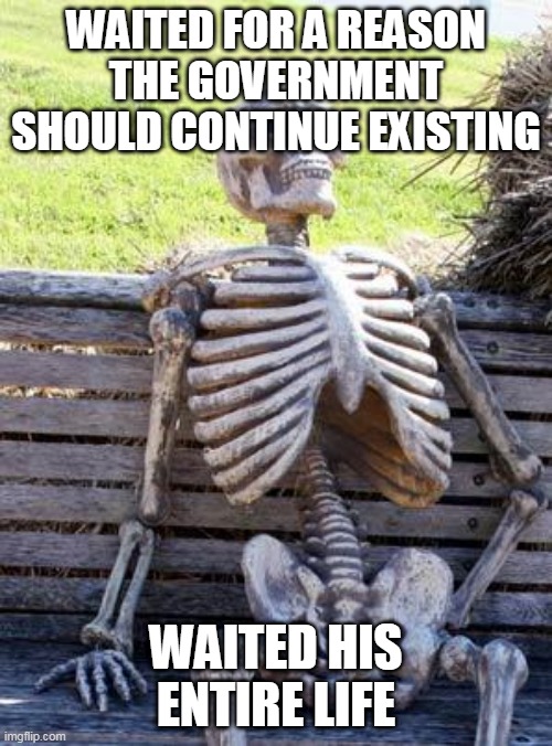 Spoiler Alert: There IS No Reason | WAITED FOR A REASON THE GOVERNMENT SHOULD CONTINUE EXISTING; WAITED HIS ENTIRE LIFE | image tagged in memes,waiting skeleton,government,anti government,anti-government,pointless | made w/ Imgflip meme maker