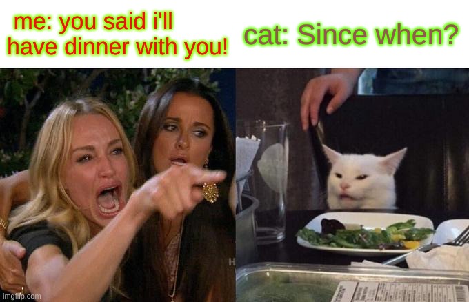 Woman Yelling At Cat Meme | me: you said i'll have dinner with you! cat: Since when? | image tagged in memes,woman yelling at cat | made w/ Imgflip meme maker