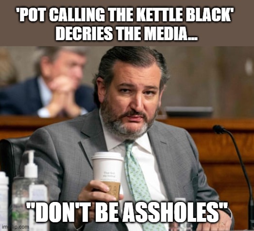 Cancun Cruz upset by media coverage of him | 'POT CALLING THE KETTLE BLACK' 
DECRIES THE MEDIA... "DON'T BE ASSHOLES" | image tagged in ted cruz,texas blackout,hypocrite,liar | made w/ Imgflip meme maker