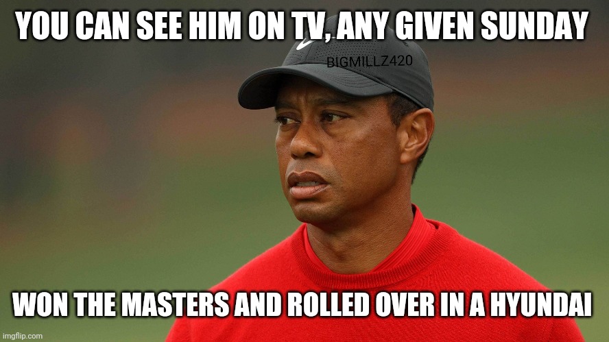 Tiger Tiger Woods y'all | YOU CAN SEE HIM ON TV, ANY GIVEN SUNDAY; WON THE MASTERS AND ROLLED OVER IN A HYUNDAI | image tagged in tiger woods | made w/ Imgflip meme maker