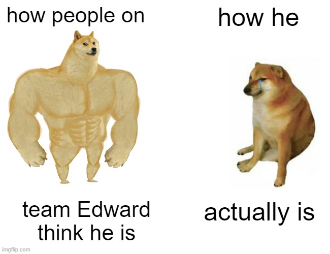 Team Edward fans be like | how people on; how he; actually is; team Edward think he is | image tagged in memes,buff doge vs cheems | made w/ Imgflip meme maker
