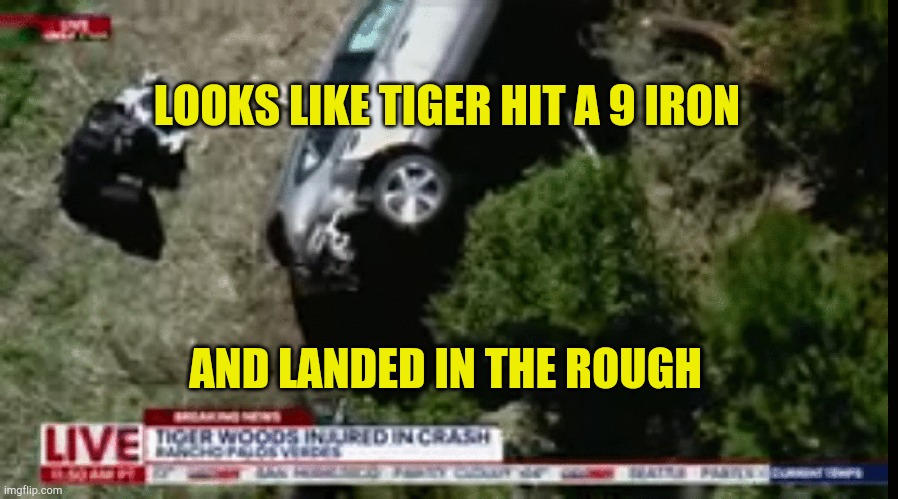 Tiger Hits The Rough | LOOKS LIKE TIGER HIT A 9 IRON; AND LANDED IN THE ROUGH | image tagged in tiger woods,golfing,driving,car accident,distracted boyfriend,bad drivers | made w/ Imgflip meme maker