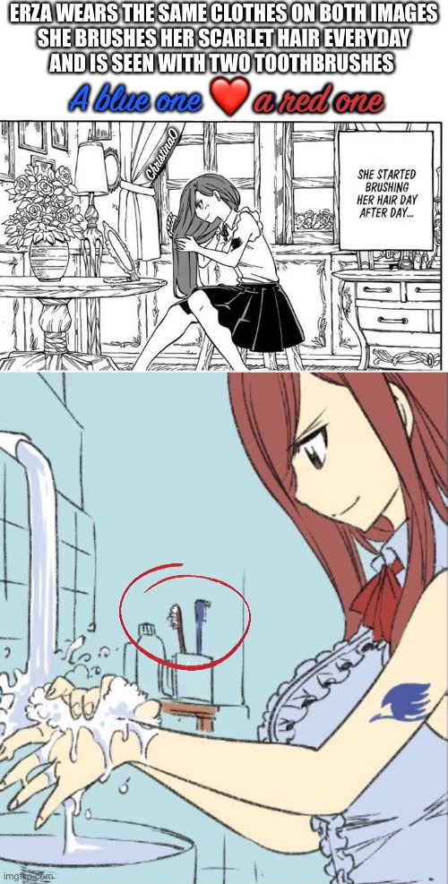 Jellal x Erza toothbrushes Fairy Tail | ERZA WEARS THE SAME CLOTHES ON BOTH IMAGES
SHE BRUSHES HER SCARLET HAIR EVERYDAY
AND IS SEEN WITH TWO TOOTHBRUSHES; a red one; A blue one ❤️ a red one; ChristinaO | image tagged in erza scarlet,jellal,fairy tail,fairy tail meme,jerza,jellal fernandes | made w/ Imgflip meme maker
