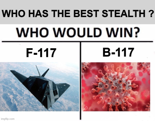 Which can approach its target without being detected ??? | WHO HAS THE BEST STEALTH ? B-117; F-117 | image tagged in memes,who would win,coronavirus,stealth,deep thoughts,mutant | made w/ Imgflip meme maker