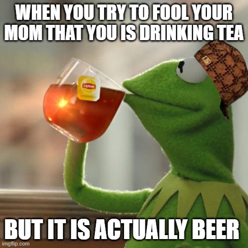 HAHAHA | WHEN YOU TRY TO FOOL YOUR MOM THAT YOU IS DRINKING TEA; BUT IT IS ACTUALLY BEER | image tagged in memes,but that's none of my business,kermit the frog | made w/ Imgflip meme maker