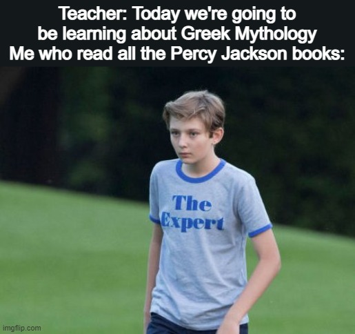 the percy jackson expert | Teacher: Today we're going to be learning about Greek Mythology
Me who read all the Percy Jackson books: | image tagged in the expert | made w/ Imgflip meme maker