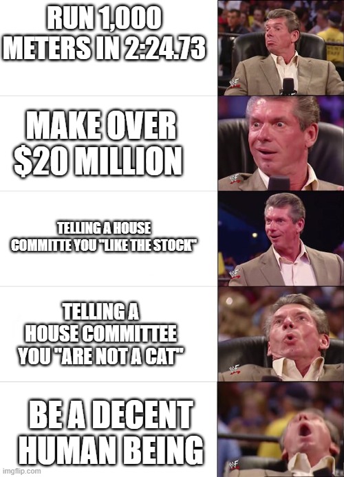 Keith Gill Meme | RUN 1,000 METERS IN 2:24.73; MAKE OVER $20 MILLION; TELLING A HOUSE COMMITTE YOU "LIKE THE STOCK"; TELLING A HOUSE COMMITTEE YOU "ARE NOT A CAT"; BE A DECENT HUMAN BEING | image tagged in vince mcmahon reaction | made w/ Imgflip meme maker