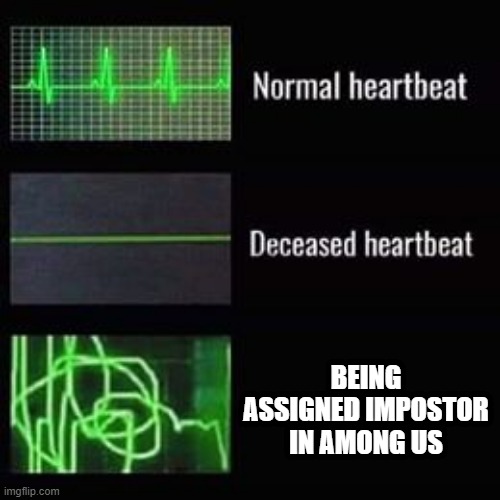 Being assigned impostor | BEING ASSIGNED IMPOSTOR IN AMONG US | image tagged in heartbeat rate | made w/ Imgflip meme maker