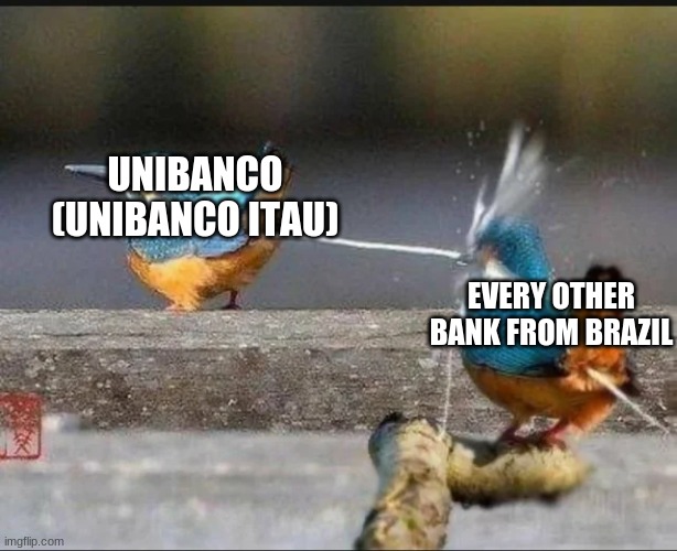 Itau Unibanco is way better than every other bank from Brazil | UNIBANCO (UNIBANCO ITAU); EVERY OTHER BANK FROM BRAZIL | image tagged in memes,birds,pooping,itau,unibanco,brazil | made w/ Imgflip meme maker