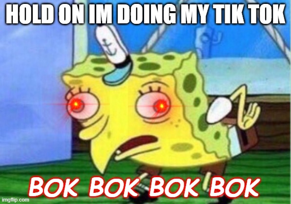 BOK BOKBOK | HOLD ON IM DOING MY TIK TOK; BOK BOK BOK BOK | image tagged in memes,mocking spongebob | made w/ Imgflip meme maker