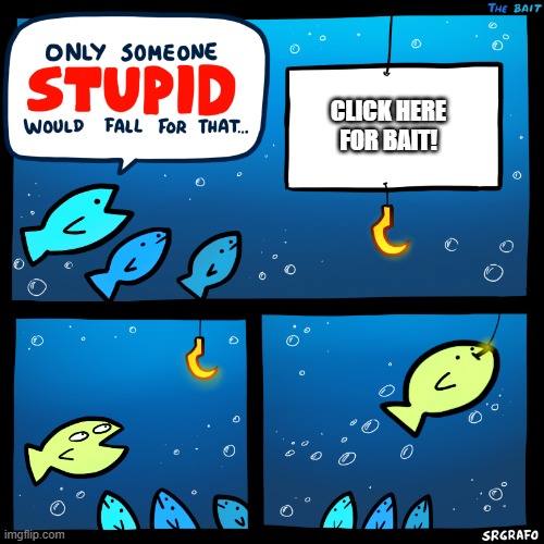 Click Bait! | CLICK HERE FOR BAIT! | image tagged in only someone stupid srgrafo,click bait,click here,stupid is as stupid does,does this look dangerous | made w/ Imgflip meme maker